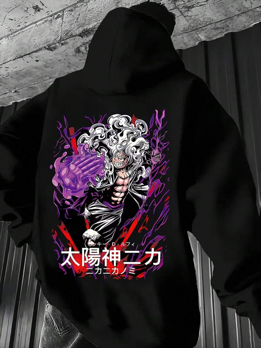 Men'S Anime Manga Graphic Hooded Sweatshirt - Japanese Text & Dynamic Action Pose Print, Casual Winter Warmth, Regular Fit Pullover With Japanese Characters, Winter Clothing, Streetwear Fashion, Streetwear Lovers,Fall Hoodies,Men's Fall Clothes,Street Wear,Halloween,Mens Hoodies,Y2k Clothes,Jesus Hoodie,Thanksgiving Day,Nightmare Before Christmas,Christmas - màu đen - Xem 1