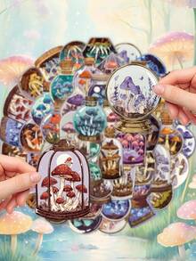 50pcs Graffiti Mushroom Bottle Stickers Matte Surface For Laptop Luggage Shelf Flat Shell Suitcase Helmet Guitar Player Case Decorative Stickers PET Not Repeatable Bright Colour Perfect For Giving To Friends - Multicolor - View 9
