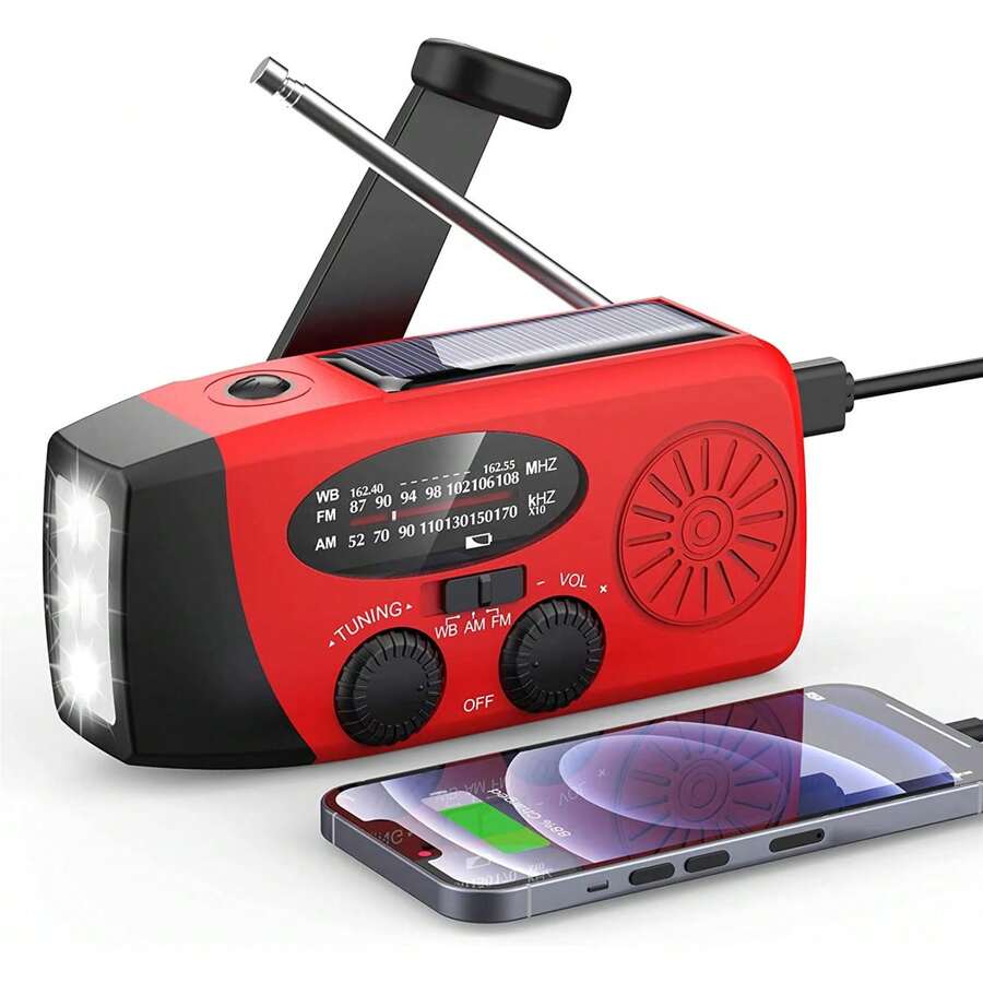 Emergency Weather Radio, 1000mAh Portable Solar Hand Crank Emergency Radio With LED Flashlight, SOS Alarm And Compass, Solar/USB Charger, Waterproof Hand Crank Radio For Outdoor Emergencies - 紅色 - 查看 1