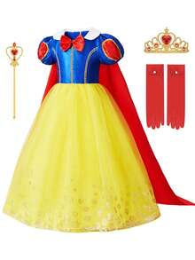 6 件套蓝黄短袖蝴蝶结女童斗篷裙、皇冠、魔杖、手套服装套装，儿童圣诞节和万圣节派对角色扮演服装 - 藍黃色 - 查看 10