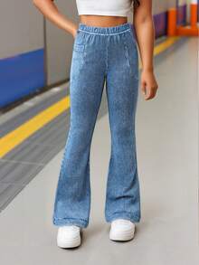 1pc Girls Casual Slim Fit Knit Jegging Pants, Fashionable & Versatile For Outdoor, Spring/Autumn - Blue - View 3