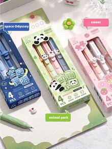 Set de 4 bolígrafos de gel borrables de color rosa dulce, con clips extensibles de dibujos animados de animales y el espacio, tinta de color negro de 0.5 mm, útiles escolares y de oficina para estudiantes