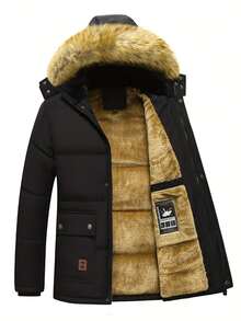 Men's Winter Cotton Jacket With Fleece Lining, Thickened Design & Large Fur Collar - Warm, Windproof, Hooded, Outdoor Casual, Versatile, Minimalist With Big Pockets - 黑色 - 查看 3