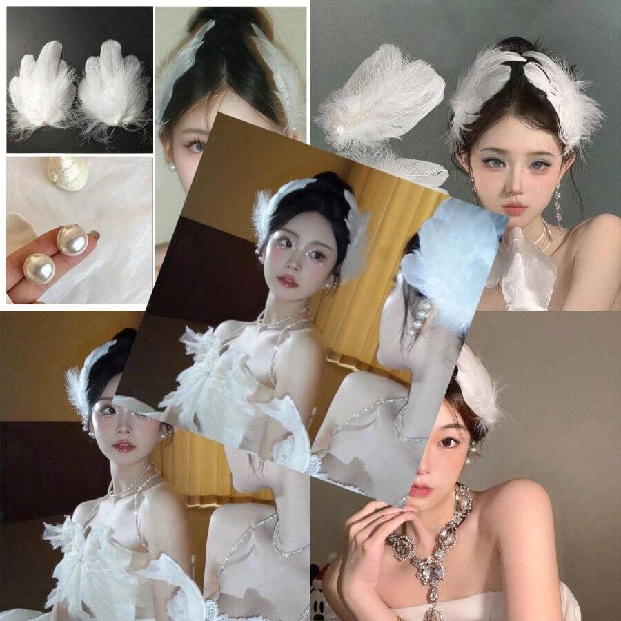 Halloween White Pearl Ostrich Hair Clips 2 Pieces White Swan Feather Hair Pins For Women Girls Bride Wedding Engagement Birthday Christmas Valentine Stage Performance