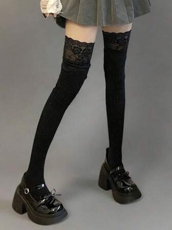 1/2 Paar Damen Oberschenkel-Hohe Socken mit Spitzenbesatz, Weiß & Schwarz, modische Kompressionsstrümpfe mit Spitzeneinsätzen, Kniestrümpfe für Frühling/Herbst, Ballerinaart hohe Socken mit Rüschenabschluss