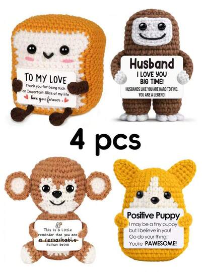 4件套手工钩编桌面摆件，可爱卡通玩偶，是送给闺蜜、姐妹、妈妈、奶奶、同事、家人的理想生日礼物，传递正能量，创意派对、万圣节、感恩节、圣诞节装饰，房间毛绒玩具