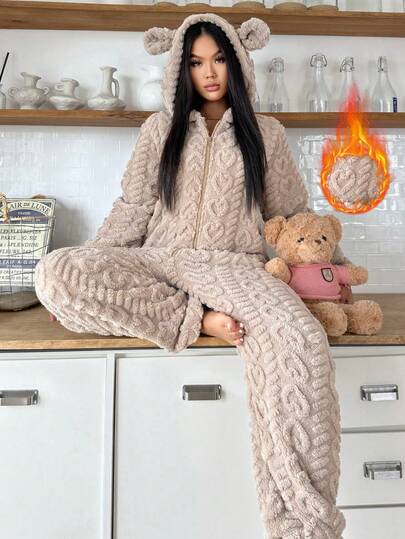 1pc Women's Hooded Fluffy Jumpsuit With Ears, Heart Pattern, Solid Color, Cute, Comfortable, Warm, Suitable For Autumn/Winter, Cozy Outfits
