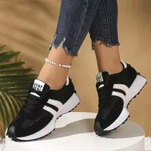 1 Pair Women's Casual Sneakers, 2025 New Arrivals, Hot Selling, Green Fashionable Thick-Soled Elevated Shoes, Versatile & Comfortable, Mustard Yellow, White, Black Color Options, Student Essential Sports Casual Shoes - 黑色 - 查看 6