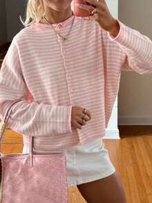 Womens Striped Cardigan Sweater Casual Crew Neck Open Front Button Down Long Sleeve Knit Sweaters Fall Outerwear - Pink - View 6