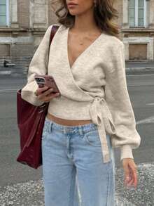 HoloChill Damen Junge Influencerin Lässig einfarbiger Pullover mit Taillenzug und Schleife, Langarm Pullover, Sommer Lässig Vielseitiges Top