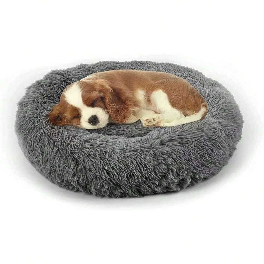 Ultra - Soft Faux Fur Round Plush Donut Cuddler Bed For Large, Medium, And Small Dogs And Cats, Cat Calming Bed - Màu xám đen - Xem 1