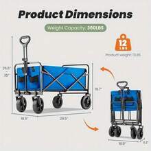 Portable 30" Collapsible Wagon Cart, Heavy Duty Folding Utility Wagon With 360lbs Load, All-Terrain Wheels For Camping, Beach, Garden & Grocery Shopping - 黑色 - 查看 3