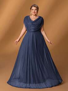 Faeriesty Mosy Plus Women' Draped Collar Sleeveless Formal Party Dress&Mother Of The Bride Dresses - Navy Blue - View 2