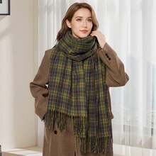 Bufanda a cuadros para mujer, elegante chal con borlas, estolas cálidas de invierno para uso diario informal - Multicolor - Ver 5