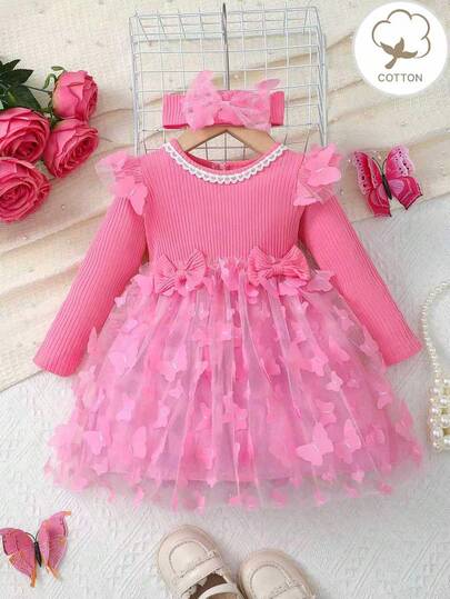 2pcs Newborn Baby Girls Pink Long Sleeve Round Neck Ruffle Trim Mesh Contrast Princess Party Dress Set, Spring/Autumn