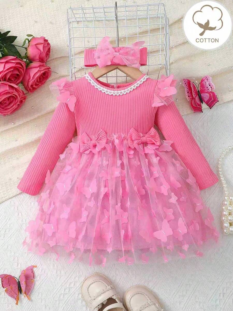 2pcs Newborn Baby Girls Pink Long Sleeve Round Neck Ruffle Trim Mesh Contrast Princess Party Dress Set, Spring/Autumn - Hot Pink - View 1