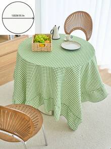 1pc Green Plaid Round Table Decor Cloth, Vintage American Style With Ruffle Edge, Kitchen/Living Room Decor, Valentine's Day Dining Table Cloth - Green - View 9