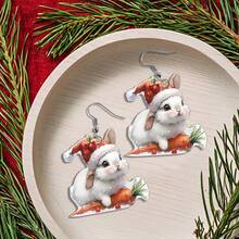1 Pair Cute Cartoon Christmas Hat & Carrot Rabbit Ear Earrings, Funny 2D Design, Suitable For Christmas Wear