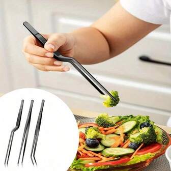 一套黑色专业不锈钢烹饪镊子 - 精准食物夹，适用于沙拉准备、摆盘和烧烤，耐用长柄厨师镊子，符合人体工程学手柄，厨房使用理想之选。烧烤食物夹，中西式镊子，户外长柄夹，烧烤牛排防烫厨房摆盘烧烤夹。