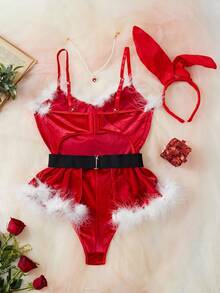 3pcs/Set Women's Red Fuzzy Velvet Bodysuit With Furry Waist Belt, SexySpaghetti Strapr Romper For Christmas Bunny Role Play, Outdoor Party, Music Festival