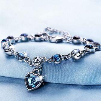 1pc European And American Fashion Ocean Heart Shaped Bracelet With Drill, Women Austrian Crystal Bracelet Jewelry Valentines,Mom,Mother,Mother's Day,Gift