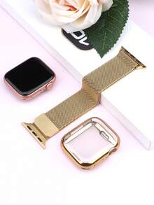 Compatible With Apple Watch Band And Case: Stylish, Soft, Breathable, And Adjustable. Features A Circular Braided Stainless Steel Magnetic Band And A Drop-Resistant, Scratch-Resistant Soft TPU Case. Compatible With Apple Watch Series Ultra/11/10/9/8/7/6/5/4/SE, As Well As 40/41/42/44/45/46/49mm Bands And Cases. Milanese-Style Band And 360-Degree Case For All-Around Protection. - Gold Strap + TPU Case - View 4