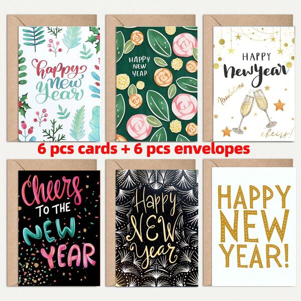 6PCS Colorful Happy New Year Cards 2026 New Year Greeting Cards With Envelopes, New Year Fireworks Gift Cards Winter Holiday Greetings Cards New Year Gifts Presents For New Years Eve Party Supplies