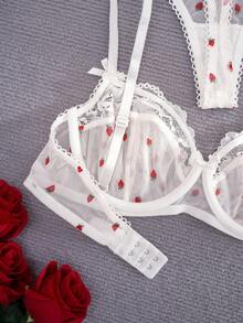 1 Conjunto de lencería cómoda para mujer con estampado de fresa blanca, encaje y lazo, con aros - Blanco - Ver 6