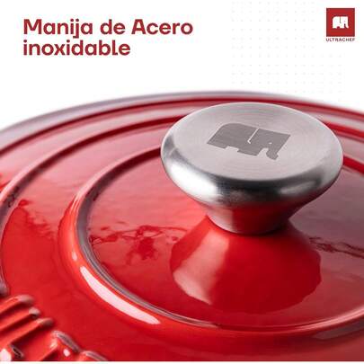 ULTRACHEF Olla de Hierro Fundido Esmaltado para Estufa y Horno| Horno Holandés Cubierto de Hierro Fundido| Olla Holandesa| Redondo| Tamaño 24, Capacidad 3.8 Litros, Rojo HEVK