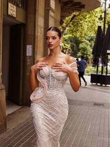 Faeriesty 奢华无肩带美人鱼晚礼服，心形领口设计——精致的珠饰和闪亮的亮片，修身剪裁搭配薄纱罩衫，曳地长裙，尽显红毯、派对、婚礼等场合的优雅风范。 - 香檳色 - 查看 7