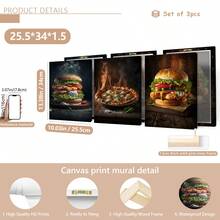 Set de 3 carteles de lienzo creativos sin marco, pintura de hamburguesa y pizza, pintura de lienzo, obra de arte de pared, adecuada para decoración del hogar, decoración de habitación, decoración de dormitorio, decoración de sala de estar, decoración de cocina, decoración de pared, arte de pared opcional con marco