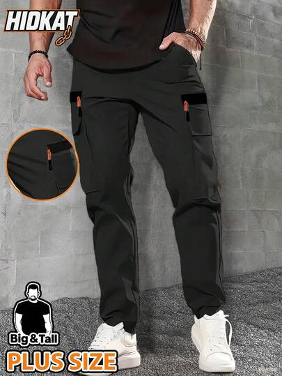 Hidkat Plus Size Men's Outdoor Cargo Pants - Durable Polyester, Multi-Pockets, Elastic Waistband With Belt Loops, Lightweight & Breathable, Suitable For Hiking, Camping And Casual Wear