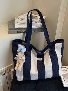 1 pieza Bolso de hombro a rayas para mujer, bolso de tela de gran capacidad con colgante de peluche de dibujos animados, adecuado para ir al trabajo, compras y uso en el campus - Azul - Ver 1