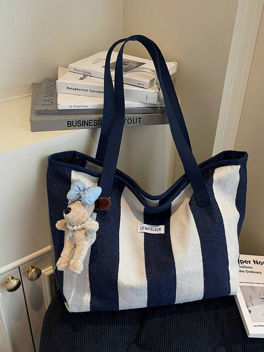 1 pieza Bolso de hombro a rayas para mujer, bolso de tela de gran capacidad con colgante de peluche de dibujos animados, adecuado para ir al trabajo, compras y uso en el campus - Azul - Ver 1