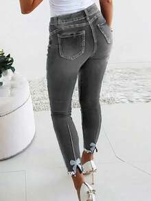 Women's Pocket Young Fashion Rhinestone Skinny Slim Fit Jeans - Light Grey - View 4