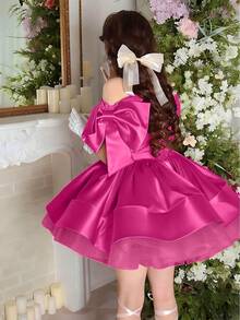 Elegantes kurzes Kleid mit fuchsiafarbenem Schleifen-Akzent, Teenager Mädchen Kleider für Hochzeit, Abschlussball, Graduation, Geburtstag, Weihnachten