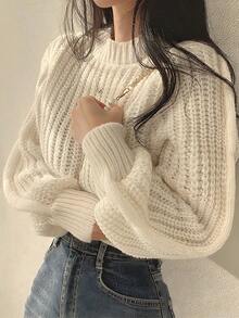 Vintage Harajuku suéter de manga larga suelta de las mujeres, prendas de punto coreano, suave Top caliente, la moda de las mujeres de otoño e invierno suéter de color sólido - Beis - Ver 3