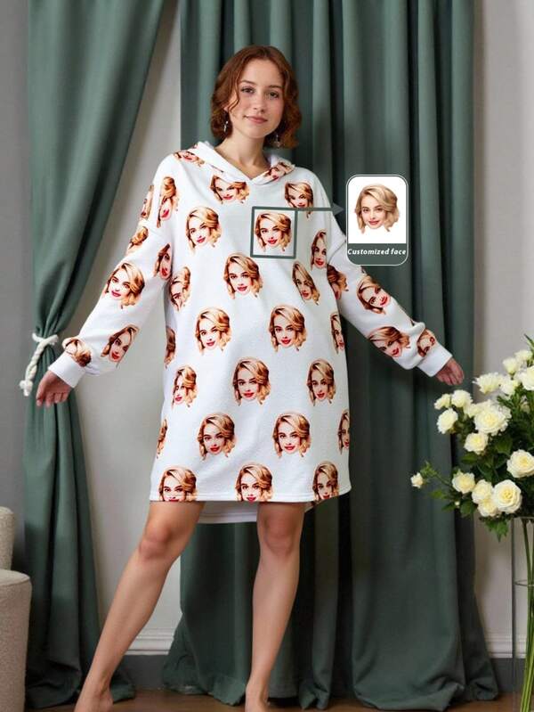 1pc Customized Face Print Soft & Comfortable Flannel Hooded Nightgown, A Unique Gift