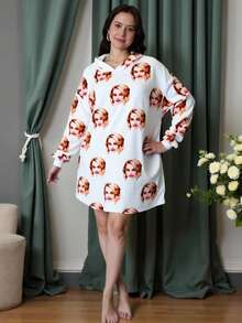 1pc Customized Face Print Soft & Comfortable Flannel Hooded Nightgown, A Unique Gift - White - View 5