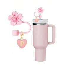 2pcs/1set Heart & Letter Pomegranate Flower Straw Topper, Pink Cup Letter Marker, And Silicone Pomegranate Flower Reusable Straw Cap 10mm Wide Straw, Cute Letter Decorations, Suitable Modern Minimalist Glass Cups - 粉色 - 查看 6