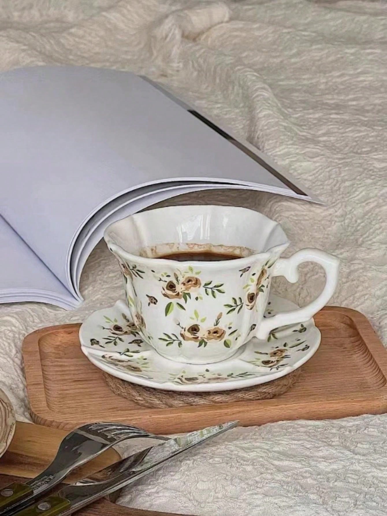 طقم فناجين وصحون سيراميك مزخرف بالزهور، فنجان قهوة...