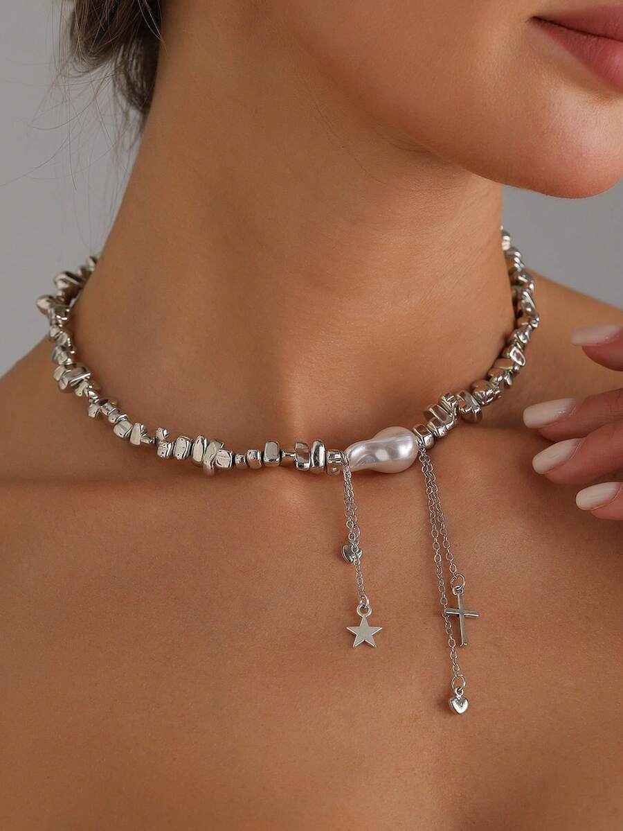 1PC "Elegant Asymmetrical Faux Pearl Beads Necklace For Women Vintage Party Wedding Tassels Choker Fashion Jewelry Accessories Gift " - Necklace - View 1