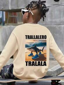 Tween Boy“Italian Brainrot-Trala Lero Tralala”图案长袖T恤，秋冬上衣 - 杏色 - 查看 7