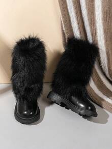 1 par de botas altas de piel de ante suave y cómoda para niñas pequeñas/niñas pequeñas, con forro de peluche, cremallera, puntera redonda, forro cálido, adorno de pelo para botas de nieve de invierno, adecuadas para niñas de 3 a 15 años para uso diario, vacaciones, otoño/invierno - Negro - Ver 5