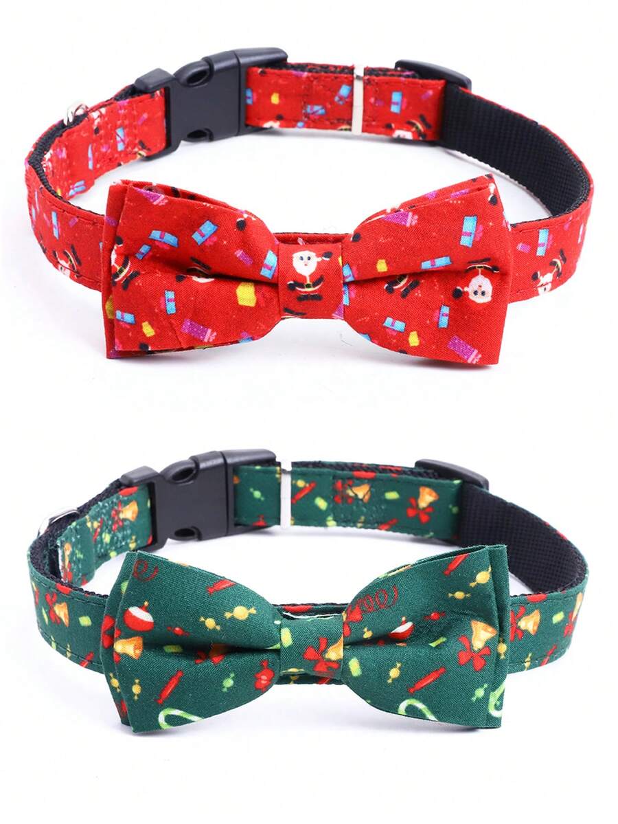 Christmas Pet Collar, Santa Claus Candy Bow Print Cat Dog Collar, Christmas Decorative Collar