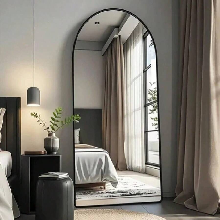 Arched Full Length Mirror 15.7 * 59in Large Floor Mirror Aluminum Frame Vanity Mirror With Stand,Arched Wall Mirror Hanging Standing Or Leaning Full Body Mirror,For Bedroom,Living Room-Black,24331724 - 黑色 - 查看 1