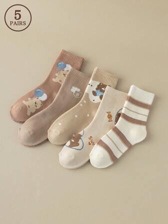 5 Pairs Women's Wool Socks, Autumn/Winter Thickened Warm Thermal Lined Socks With Cute Bear Pattern, Beige Simple Comfortable Soft Mid-Calf Socks