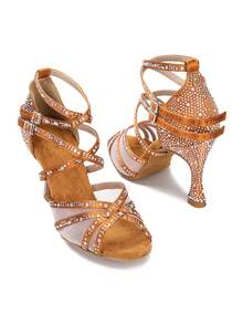 Giày khiêu vũ Latin màu đồng, giày khiêu vũ Tango Salsa đế mềm dành cho nữ, giày dự tiệc trong nhà bằng satin, giày cưới đính đá, gót cao kiểu 9cm, giày thi đấu và tập luyện. - Đồng - Xem 5