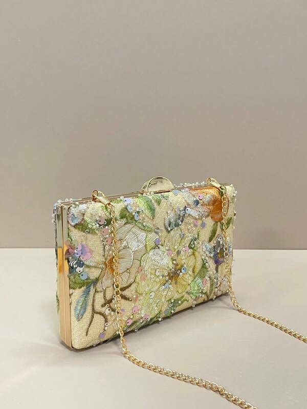 [Shiny Evening Bag] New Fashion Women's Clutch Bag, Decorated Box-Shaped Bag, Fashionable Shiny Evening Shoulder/Crossbody Small Square Bag, Sequin Embroidered Floral Chain Evening Bag Suitable For Weddings, Parties, Birthdays, Balls, Etc. (Random Pattern)