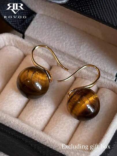 1 Pair Vintage Hong Kong Style Asymmetrical Tie Dye Artificial Tiger Eye Stone Design Elegant Niche Luxury Copper Hoop Earrings, Suitable For Banquet, Daily Wear, Autumn/Winter